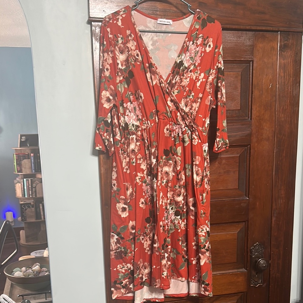 Michelle Mae Floral Wrap Midi Dress in Burnt Orange